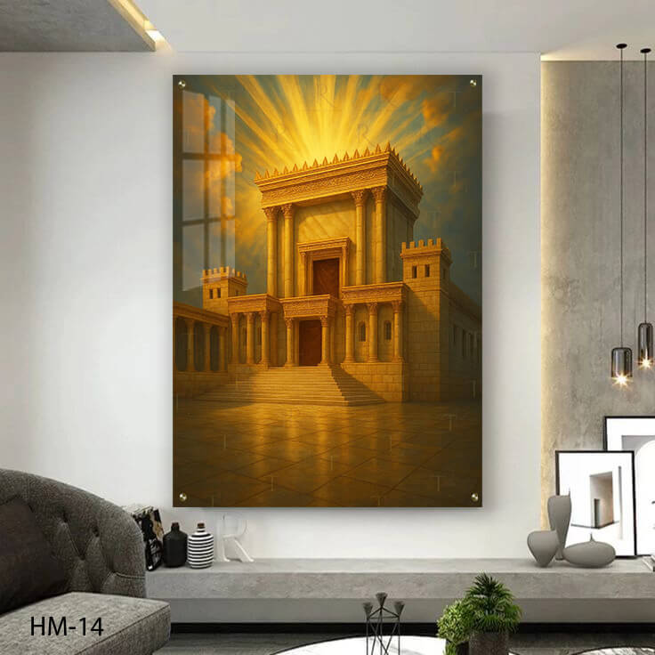 ציור זכוכית של בית המקדש בשקיעה