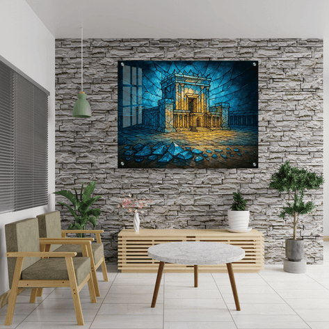 תמונת זכוכית של בית המקדש ברקע אבסטרקטי כחול