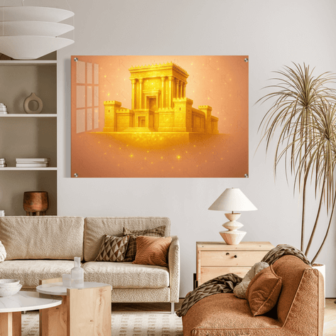 תמונת זכוכית של בית המקדש מוזהב ברקע כתמתם